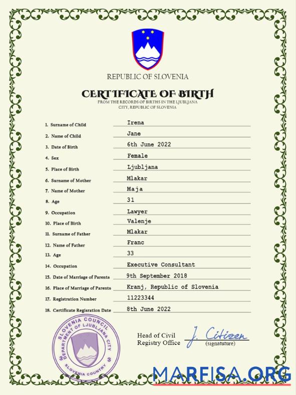 Downloadable Slovenia birth certificate PSD template